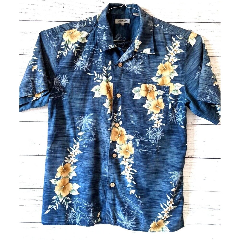 Attitude Hawaiian Silk Men's Shirt Blue Hibiscus Floral Button Down Size M